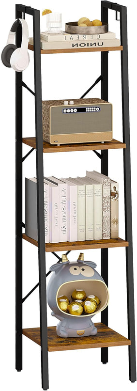 Ladder Shelf, Bookshelf Bookcase, Freestanding Corner Storage Shelve with 2 Hooks for Home Office, Living Room, Kitchen, Bedroom, Industrial, 4-Tier Rustic Brown BC13201B - LeafyLoom