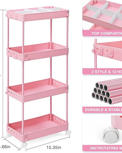 TOOLF 4 Tier Utility Cart with Wheels, Rolling Cart with Adjustable Divider & Hooks, Cart Organizer for Diaper Craft Snack, Narrow Storage Cart for Laundry Bedroom Bathroom Kitchen, Pink - LeafyLoom