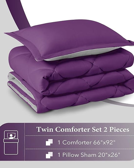 downluxe Twin Comforter Set - Purple and Grey Twin Comforter, Soft Bedding Sets for All Seasons -2 Pieces - 1 Comforter (66"x92") and 1 Pillow Sham(20"x26") - LeafyLoom