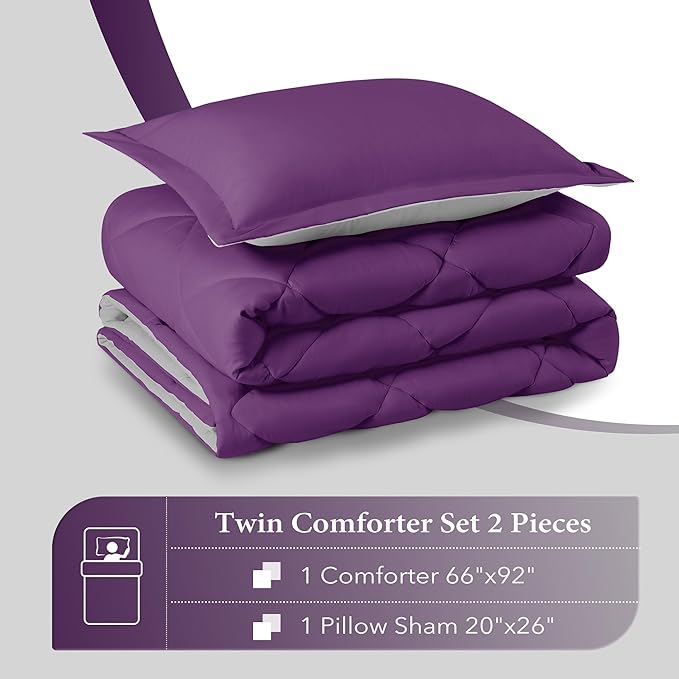 downluxe Twin Comforter Set - Purple and Grey Twin Comforter, Soft Bedding Sets for All Seasons -2 Pieces - 1 Comforter (66"x92") and 1 Pillow Sham(20"x26") - LeafyLoom