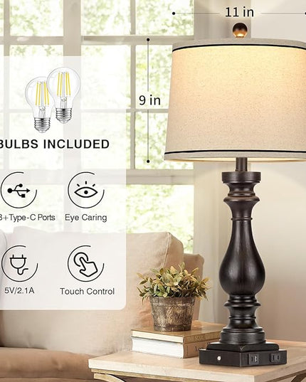 29" Tall Table Lamp for living room set of 2,Farmhouse Vintage Bedside Nightstand Lamps with USB C+A Ports & AC Outlet,3-Way Dimmable Touch Control Retro Black Lamp for Bedroom,color 5 - LeafyLoom