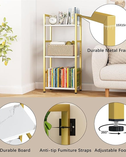 Bookshelf Storage Shelf Bookcase, 3 Tier Industrial Bookcase,Small Book case for Living Room, Bedroom, and Home Office, Easy Assembly Free Combination Multi-Functional Organizer(3 Tier,Gold) - LeafyLoom