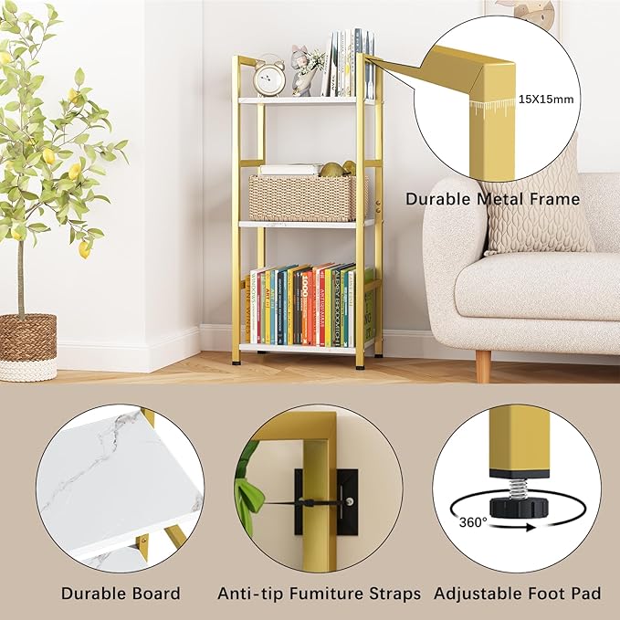 Bookshelf Storage Shelf Bookcase, 3 Tier Industrial Bookcase,Small Book case for Living Room, Bedroom, and Home Office, Easy Assembly Free Combination Multi-Functional Organizer(3 Tier,Gold) - LeafyLoom