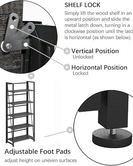 No-Assembly Folding Bookshelf Storage Shelves 5 Tiers Vintage Multifunctional Plant Flower Stand Storage Rack Shelves Bookcase for Home Office (Gray and Black) - LeafyLoom