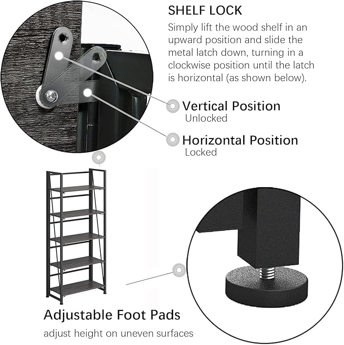 No-Assembly Folding Bookshelf Storage Shelves 5 Tiers Vintage Multifunctional Plant Flower Stand Storage Rack Shelves Bookcase for Home Office (Gray and Black) - LeafyLoom