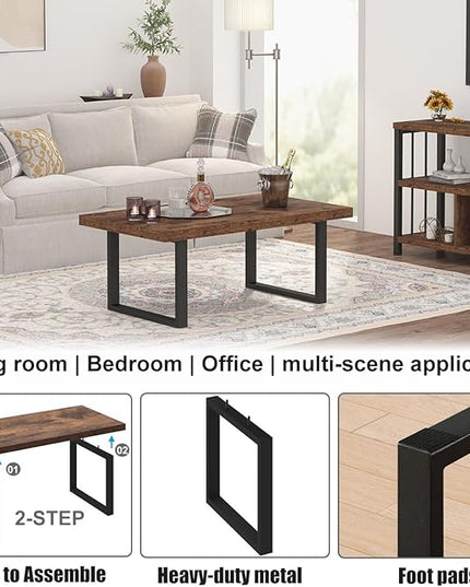 IBF Rustic Coffee Table, Industrial Simple Wooden Living Room Table, Modern Minimalist Farmhouse Rectangle Center Table, Wood and Metal Vintage Tea Coffee Table for Home Bedroom, Rustic Brown, 39 Inch - LeafyLoom