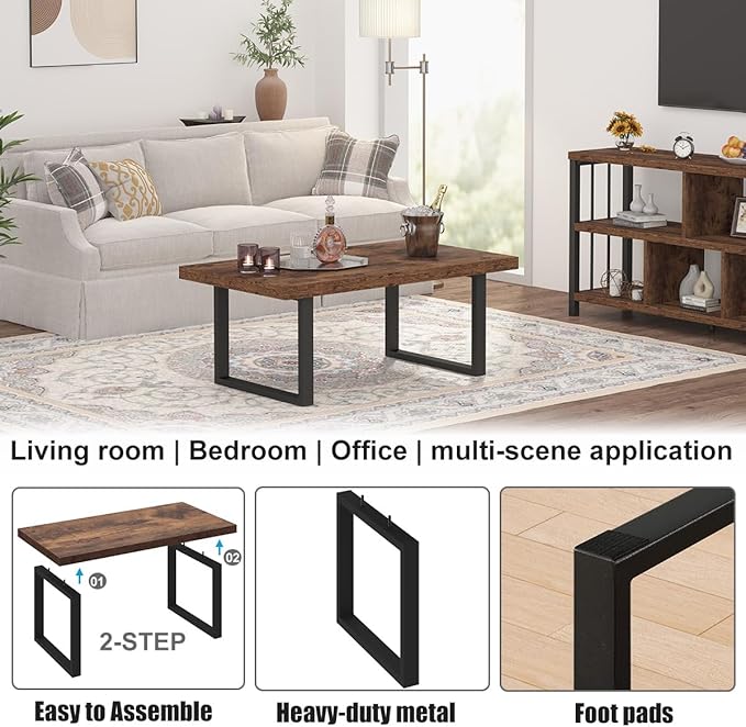 IBF Rustic Coffee Table, Industrial Simple Wooden Living Room Table, Modern Minimalist Farmhouse Rectangle Center Table, Wood and Metal Vintage Tea Coffee Table for Home Bedroom, Rustic Brown, 39 Inch - LeafyLoom