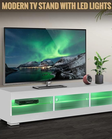 HOMMPA LED TV Stand with LED Lights for 65 inch TV Modern Entertainment Center with Storage 57" White TV Console with Glass Shelves for Living Room 15" Tall - LeafyLoom