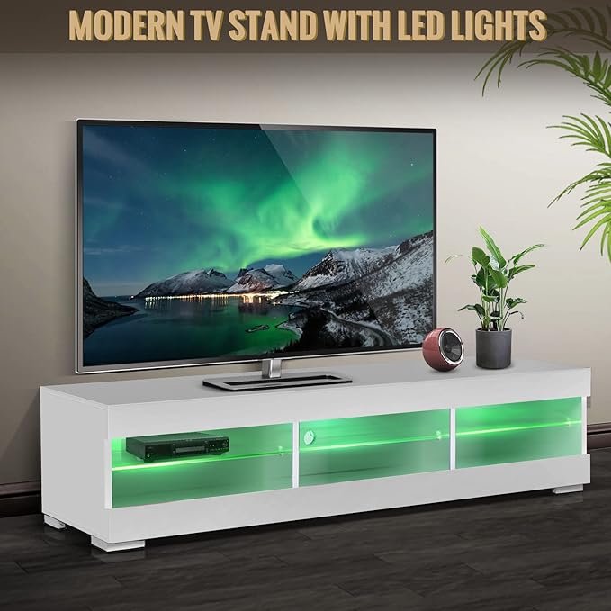 HOMMPA LED TV Stand with LED Lights for 65 inch TV Modern Entertainment Center with Storage 57" White TV Console with Glass Shelves for Living Room 15" Tall - LeafyLoom