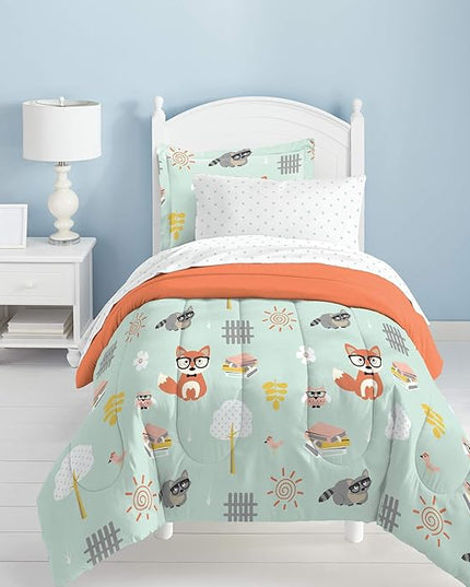 dream FACTORY Kids 5-Piece Complete Set Easy-Wash Super Soft Microfiber Comforter Bedding, Twin, Green Woodland Friends - LeafyLoom