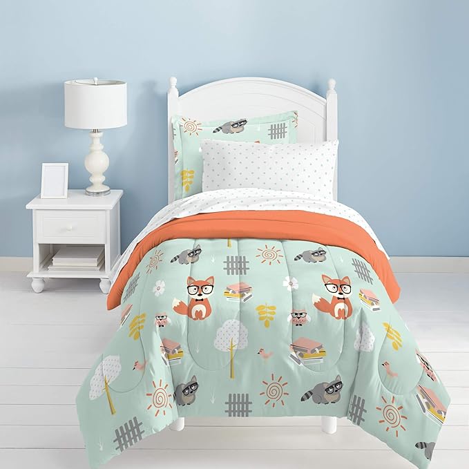 dream FACTORY Kids 5-Piece Complete Set Easy-Wash Super Soft Microfiber Comforter Bedding, Twin, Green Woodland Friends - LeafyLoom
