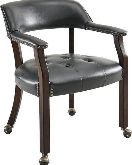 Large Dining Chairs with Casters and Arms, Rolling Dining Chairs with Wheels, Accent Game Poker Chairs, Boss Caption's Chairs, 26" D x 25.2" W x 31.5" H, Espresso Legs & Black PU, SY-318-BK - LeafyLoom