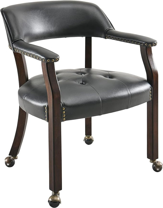 Large Dining Chairs with Casters and Arms, Rolling Dining Chairs with Wheels, Accent Game Poker Chairs, Boss Caption's Chairs, 26" D x 25.2" W x 31.5" H, Espresso Legs & Black PU, SY-318-BK - LeafyLoom