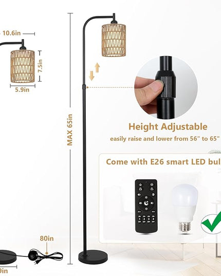 Floor Lamp with Remote, Dimmable Rattan Floor Lamp with LED Bulb, Industrial Black Tall Pole Lamp with Rattan & Fabric Shades, Boho Farmhouse Standing Lamps for Living Room Bedroom Office - LeafyLoom