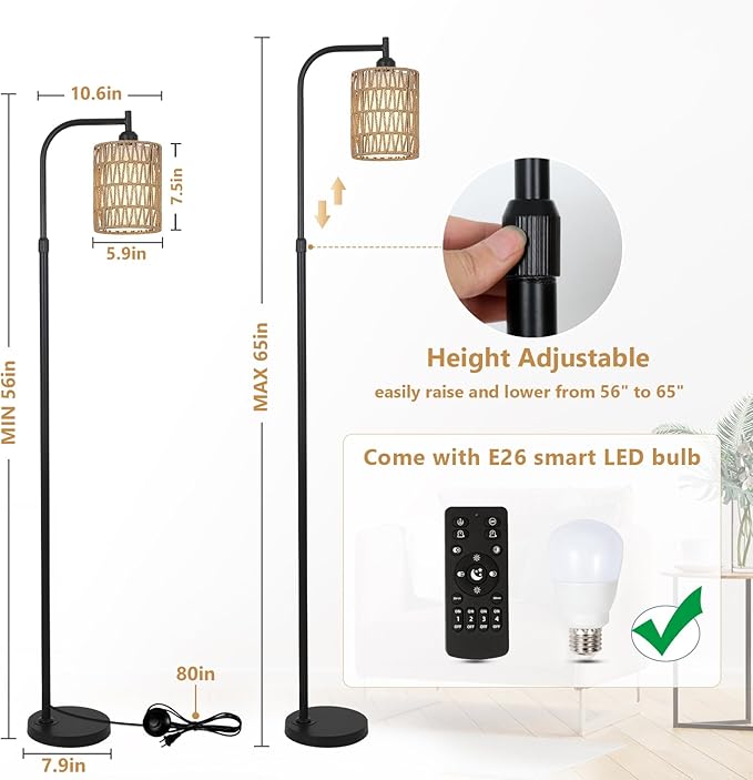 Floor Lamp with Remote, Dimmable Rattan Floor Lamp with LED Bulb, Industrial Black Tall Pole Lamp with Rattan & Fabric Shades, Boho Farmhouse Standing Lamps for Living Room Bedroom Office - LeafyLoom