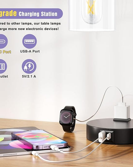 Industrial Touch Table Lamps for Bedrooms Set of 2 - 3-Way Dimmable Nightstand Lamps with USB C+A Ports and Outlet, Black Bedside Lamps with Glass Shade for Living Room, Desk Lamps for Home Office - LeafyLoom