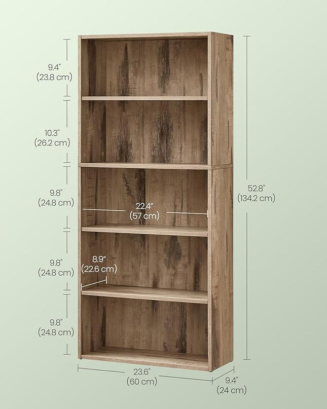 VASAGLE Bookshelf, 23.6 Inches Wide, 5-Tier Open Bookcase with Adjustable Storage Shelves, Floor Standing Unit, Camel Brown ULBC165T50 - LeafyLoom