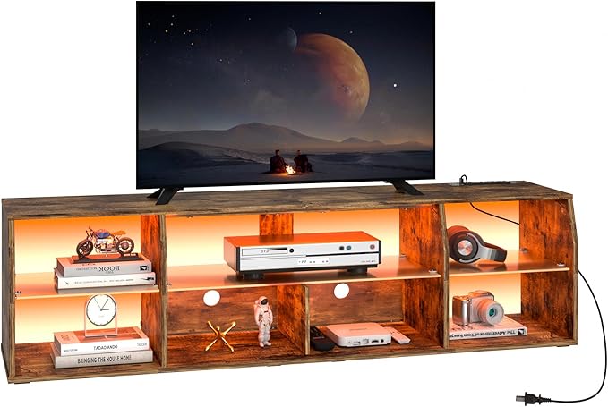 VECELO LED Gaming TV Stand with Power Outlets Television Cabinet with 7 Open Storage Shelves, Industrial Entertainment Center for Living Room and Bedroom, Retro Brown, 70inch - LeafyLoom