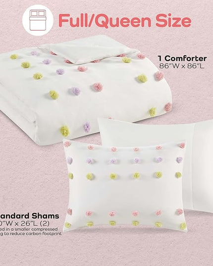 Mi Zone Kids Queen Comforter Set, Fun and Adorable Multi-Color Clipped Jacquard Pompom Bedding, Microfiber Lightweight All Seasons Down Alternative Bedding, Sham, Cora, Full/Queen Pink Multi 3 Piece - LeafyLoom