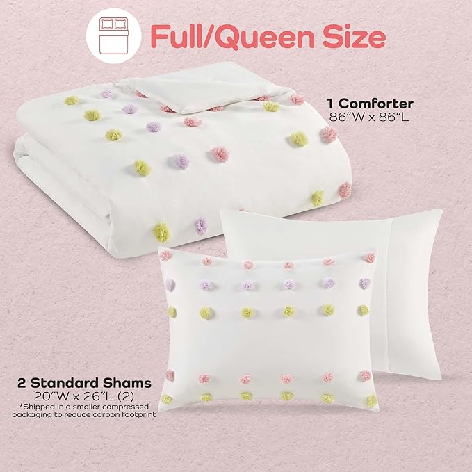 Mi Zone Kids Queen Comforter Set, Fun and Adorable Multi-Color Clipped Jacquard Pompom Bedding, Microfiber Lightweight All Seasons Down Alternative Bedding, Sham, Cora, Full/Queen Pink Multi 3 Piece - LeafyLoom