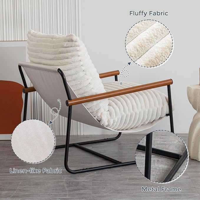 MAXYOYO Accent Chair, Sherpa Arm Chair for Living Room, Mid Century Modern Accent Chairs, Boucle Reading Bedroom Chair, Teddy Armchair, Wooden Arms Metal Frame - LeafyLoom