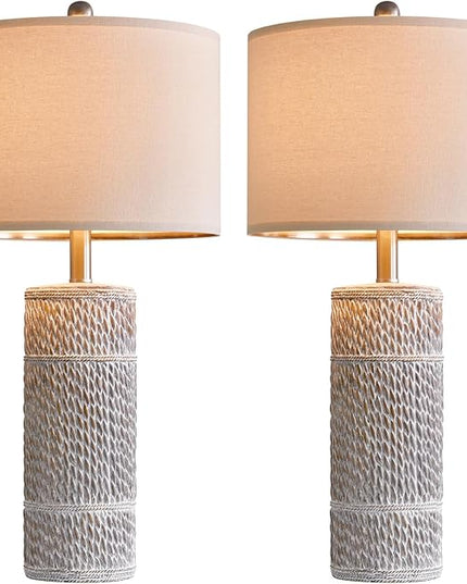 OYEARS 25.5 "Retro Farmhouse Table Lamps Set of 2 Woven Pattern Resin Bedside Lamps Classic Country Washed White Lamp for Bedroom Living Room Home Office - LeafyLoom