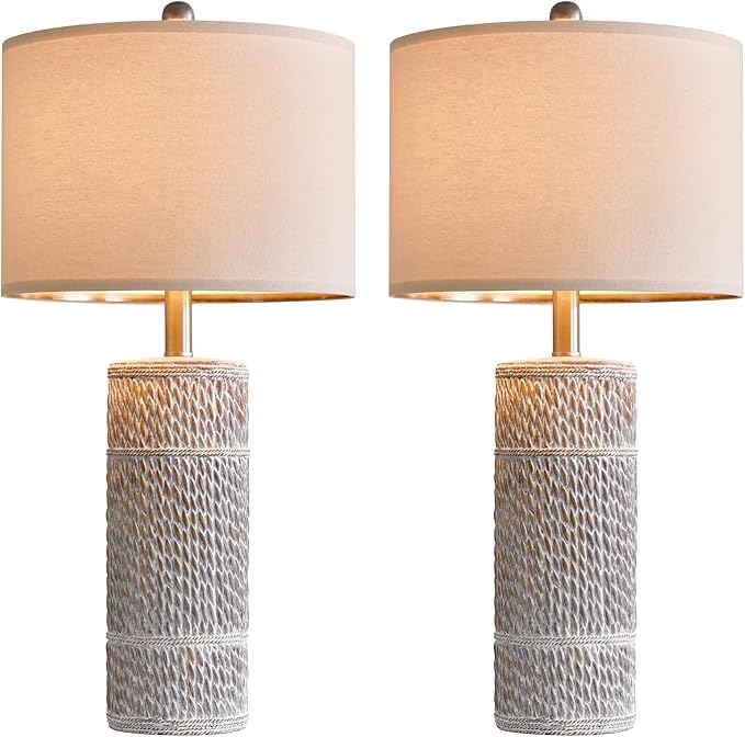 OYEARS 25.5 "Retro Farmhouse Table Lamps Set of 2 Woven Pattern Resin Bedside Lamps Classic Country Washed White Lamp for Bedroom Living Room Home Office - LeafyLoom