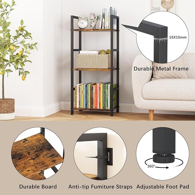 Bookshelf Storage Shelf Bookcase, 3 Tier Industrial Bookcase,Small Book case for Living Room, Bedroom, and Home Office, Easy Assembly Free Combination Multi-Functional Organizer(3 Tier,Rustic Brown) - LeafyLoom