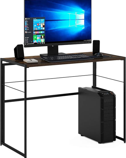 Furinno Riau No Tool/No Assembly/Folding Metal Frame Computer Desk, Rustic Oak/Black, 39 Inch - LeafyLoom