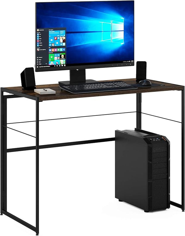 Furinno Riau No Tool/No Assembly/Folding Metal Frame Computer Desk, Rustic Oak/Black, 39 Inch - LeafyLoom