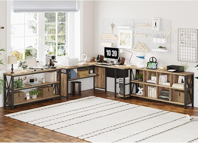 FATORRI 8 Cube Storage Organizer Bookshelf, Rustic Wood Cubby Bookcase, Industrial Horizontal Long Shelf for Living Room (Rustic Oak, 62 Inch) - LeafyLoom