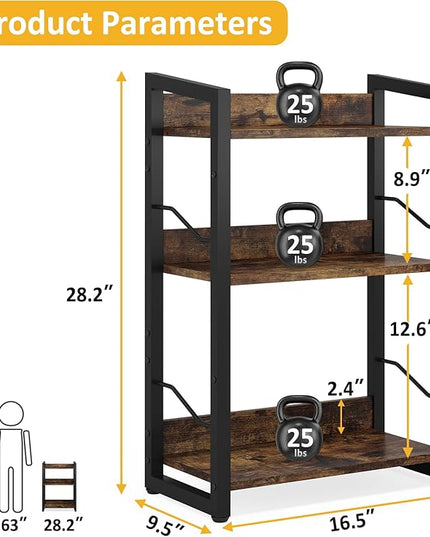 Book Shelf Small Bookshelf: 3-Tier Wood Bookcase Industrial Bookshelf with Edge Protection Metal Narrow Bookshelves Storage Organizer Display Rack for Bedroom Home Office (Rustic Brown) - LeafyLoom