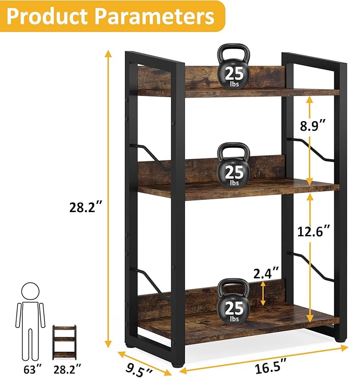 Book Shelf Small Bookshelf: 3-Tier Wood Bookcase Industrial Bookshelf with Edge Protection Metal Narrow Bookshelves Storage Organizer Display Rack for Bedroom Home Office (Rustic Brown) - LeafyLoom