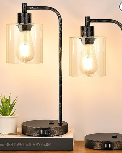 Industrial Touch Table Lamps Set of 2 - Rustic Black Bedside Lamps with 2 USB Ports & AC Outlet, 3-Way Dimmable Nightstand Desk Lamp for Bedroom Living Room Farmhouse, Glass Shade & LED Bulbs Included - LeafyLoom