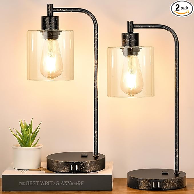 Industrial Touch Table Lamps Set of 2 - Rustic Black Bedside Lamps with 2 USB Ports & AC Outlet, 3-Way Dimmable Nightstand Desk Lamp for Bedroom Living Room Farmhouse, Glass Shade & LED Bulbs Included - LeafyLoom