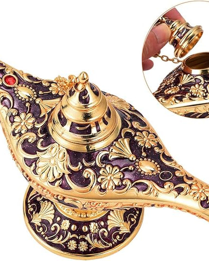 Classic Aladding Magic Genie Lamp Legend Wishing Light Costume Lamp Metal Carved Cone Incense Burner for Home Tabletop Decoration Party Birthday Halloween Christmas(Dark Purple) - LeafyLoom
