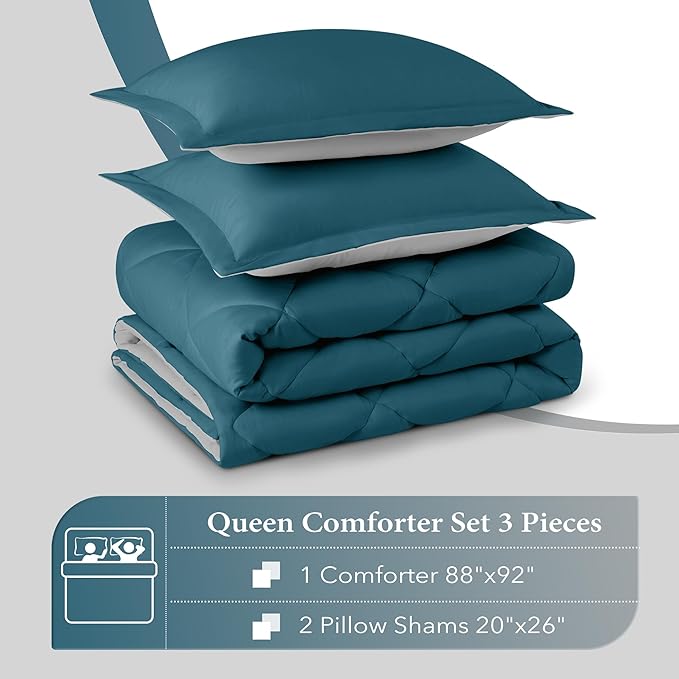 downluxe Queen Comforter Set - Green and Grey Queen Comforter, Soft Bedding Sets for All Seasons -3 Pieces - 1 Comforter (88"x92") and 2 Pillow Shams(20"x26") - LeafyLoom