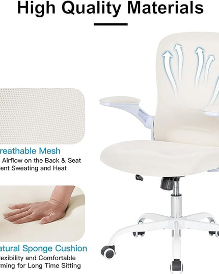 Desk Chair Mesh Office Chair with Flip-up Arms Mid Back Swivel Computer Chair Home Office Work Chair Girls Women's Desk Chair (White) - LeafyLoom