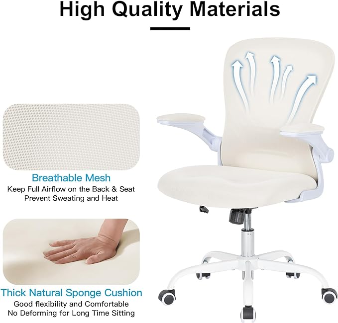 Desk Chair Mesh Office Chair with Flip-up Arms Mid Back Swivel Computer Chair Home Office Work Chair Girls Women's Desk Chair (White) - LeafyLoom