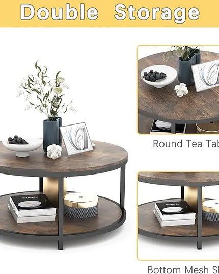 NSdirect 36 inches Round Coffee Table, Rustic Wooden Surface Top & Sturdy Metal Legs Industrial Sofa Table for Living Room Modern Design Home Furniture with Storage Open Shelf (Brown) - LeafyLoom