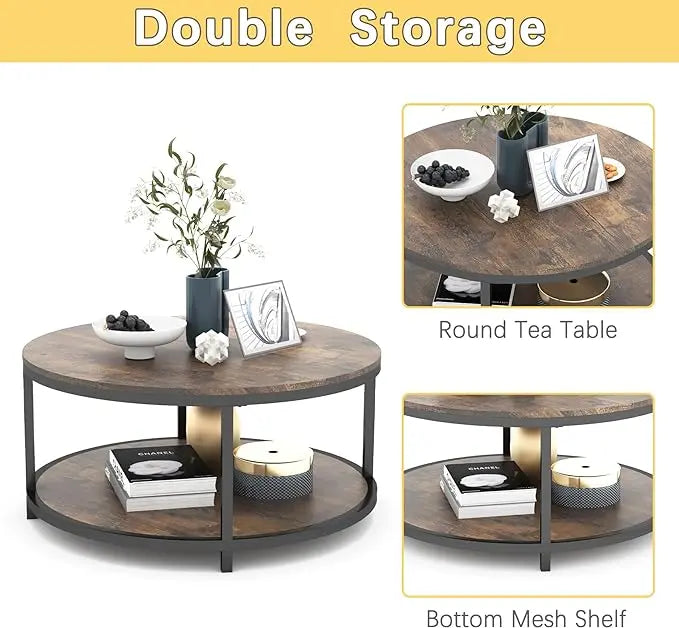 NSdirect 36 inches Round Coffee Table, Rustic Wooden Surface Top & Sturdy Metal Legs Industrial Sofa Table for Living Room Modern Design Home Furniture with Storage Open Shelf (Brown) - LeafyLoom