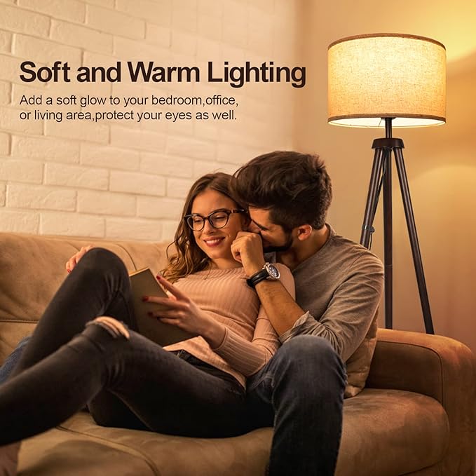 OUTON Wood Tripod Floor Lamp, Mid Century LED Dimmable Floor Lamp with Remote Control, 4 Color Temperature, Sturdy Tall Standing Lamp with Beige Linen Texture Shade for Living Room, Bedroom, Office - LeafyLoom