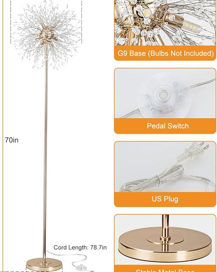 Modern Crystal Floor Lamp (9-Light, 70-Inch, Gold), Standing Lamp with Footswitch, LED Floor Lamp for Living Room, Girls Room, Bedroom, Dresser, Office (Bulbs NOT Included) - LeafyLoom