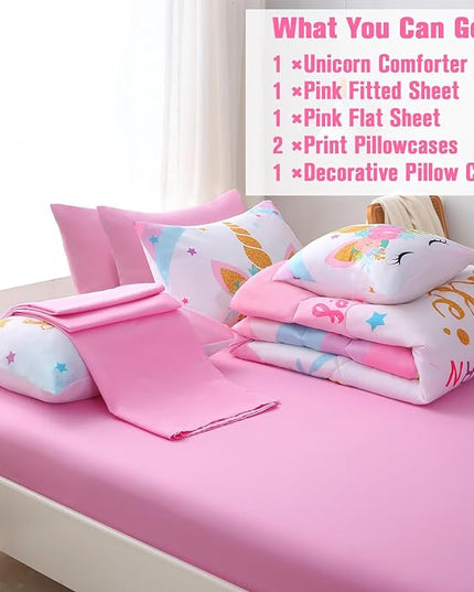 JQinHome Unicorn Queen Bedding Sets for Girls Kids,8 Piece Bed in A Bag 3D Colorful Flower Girl Unicorn Comforter Set with Sheet Set(Sparkle) - LeafyLoom
