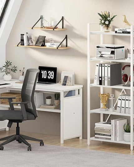 FATORRI 5 Tier Bookshelf, Metal and Wood Bookcase, Etagere Book Shelf for Display, Modern Shelving Unit Tall Book case for Home Office, Living Room, Bedroom (White Oak) - LeafyLoom