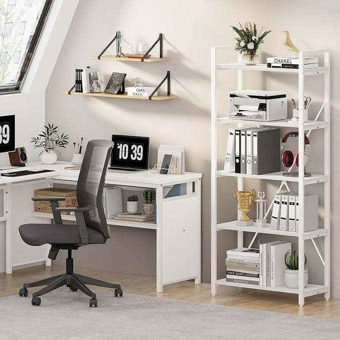 FATORRI 5 Tier Bookshelf, Metal and Wood Bookcase, Etagere Book Shelf for Display, Modern Shelving Unit Tall Book case for Home Office, Living Room, Bedroom (White Oak) - LeafyLoom