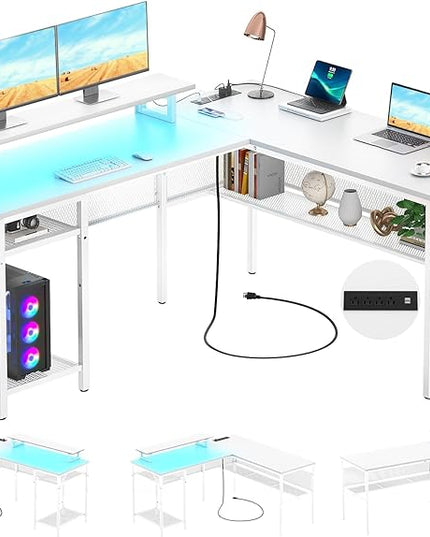Unikito Reversible L Shaped Desk with Power Outlets and Smart LED Light, 55 Inch Computer Office Desk, Unique Grid Design, Corner Writing Gaming Table with Monitor Stand and Storage Shelf, White - LeafyLoom