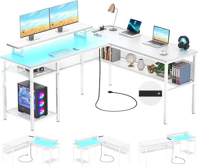 Unikito Reversible L Shaped Desk with Power Outlets and Smart LED Light, 55 Inch Computer Office Desk, Unique Grid Design, Corner Writing Gaming Table with Monitor Stand and Storage Shelf, White - LeafyLoom