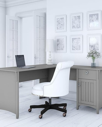 Bush Furniture Salinas L Shaped Desk with Storage in Cape Cod Gray | Modern Farmhouse Corner Table with Drawers and Cabinets for Home Office - LeafyLoom
