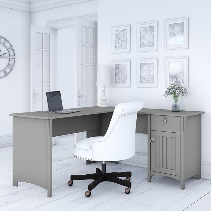 Bush Furniture Salinas L Shaped Desk with Storage in Cape Cod Gray | Modern Farmhouse Corner Table with Drawers and Cabinets for Home Office - LeafyLoom